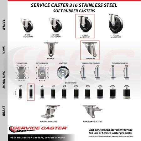 Service Caster 4 Inch 316SS Soft Rubber Swivel 7/8 Inch Stem Caster Lock Brake SCC, 2PK SCC-SS316TTLEX20S414-SRS-2-S-2-78